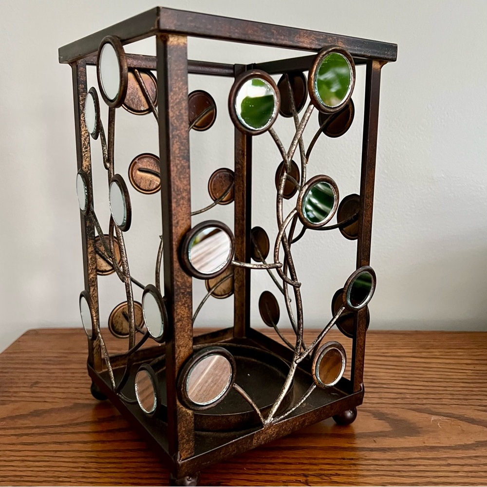 Kirkland’s Metal Candle Pillar Holder 10” Tall Bronze Tone with Mirrored Accents